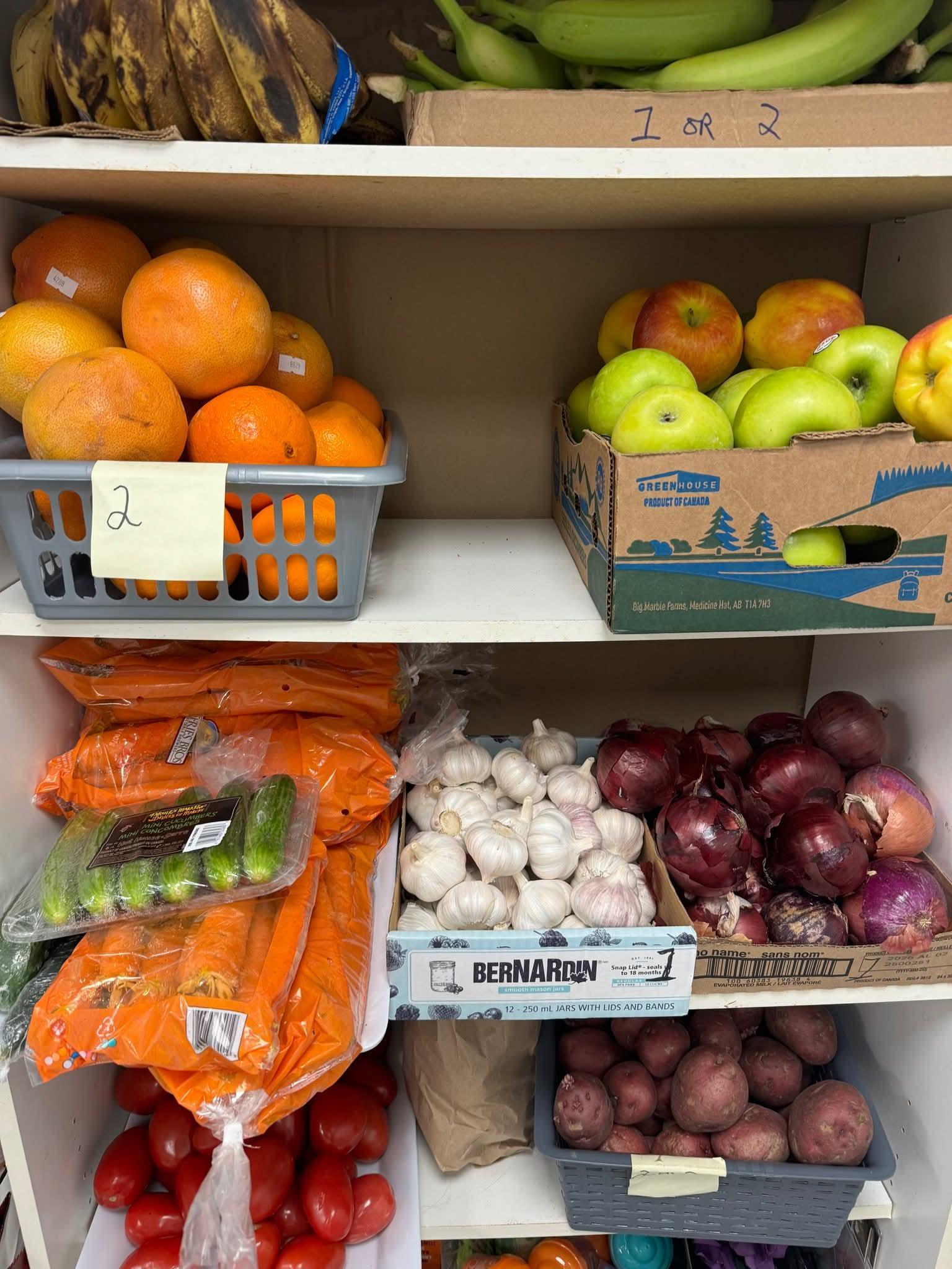 Fresh produce and vegetables on pantry shelves